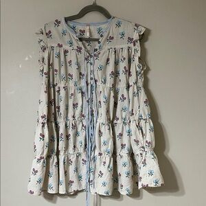 Free People Floral Sleeveless Top - Cream and Blue